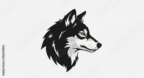 Stylized black wolf head with yellow eyes on white background