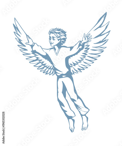 Vector drawing. A boy flying in the sky