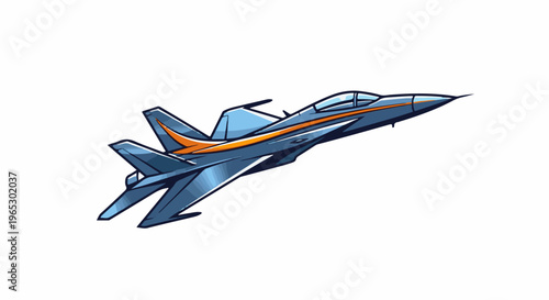 Stylized blue jet aircraft with orange accents, ascending sharply