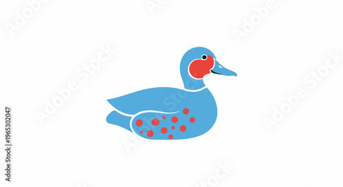 Stylized blue duck with red markings on face and body on white