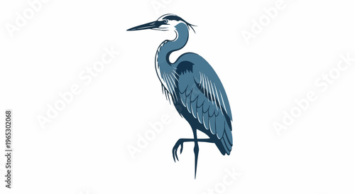 Stylized blue heron standing with one leg raised, against white background