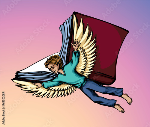 Vector drawing. A boy flying in the sky