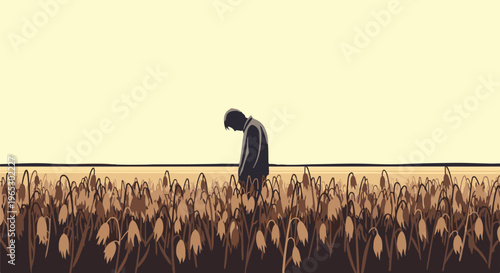 Solitary figure in a sparse, dry field under a pale sky
