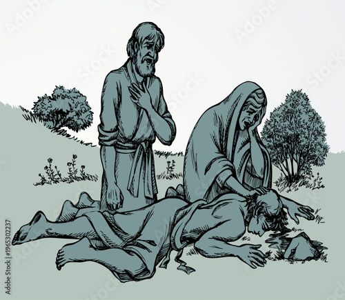 Vector drawing. People look at man laying on the ground