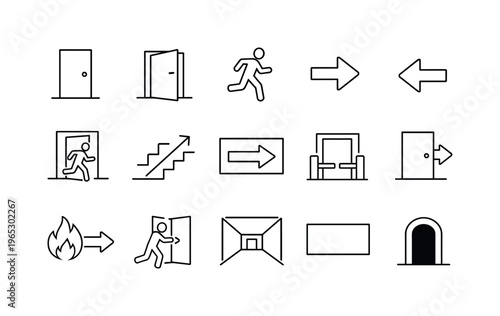 Set of minimal line exit and navigation icons featuring doors, running figure, arrows, stairs, fire direction, corridor, chair, blank sign, and arch