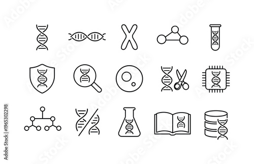 Set of minimalist line icons showing DNA helix, chromosomes, molecular structures, lab tools, genetics research symbols and biotechnology concepts