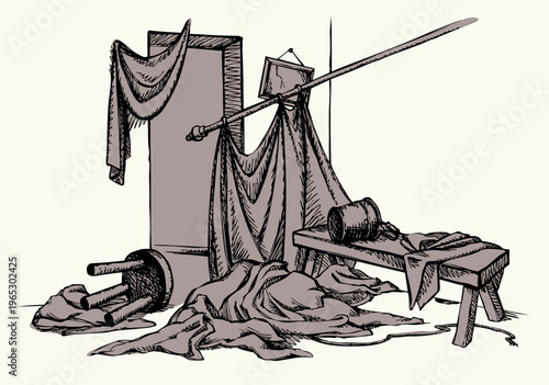 Vector drawing. Cluttered room view.