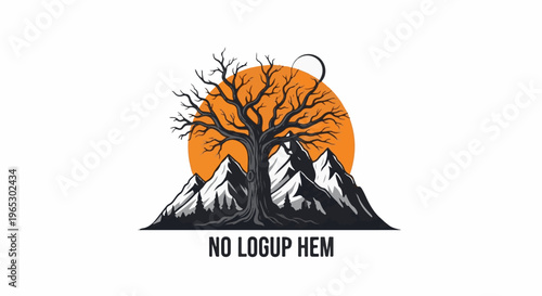 Stylized barren tree atop snowy mountains under an orange moon, white background