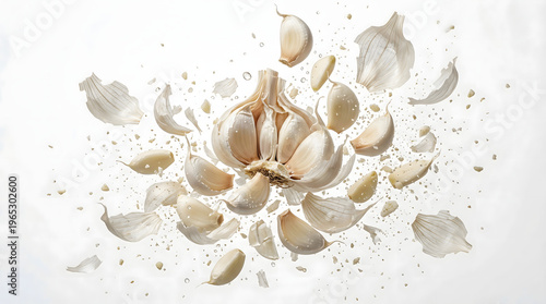 Explosion of a deconstructed garlic bulb, separate garlic cloves, papery skins, and a shower of chopped garlic on a clean white background.