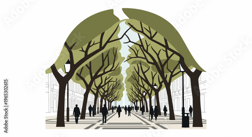 Stylized depiction of a tree-lined pedestrian walkway with distant buildings