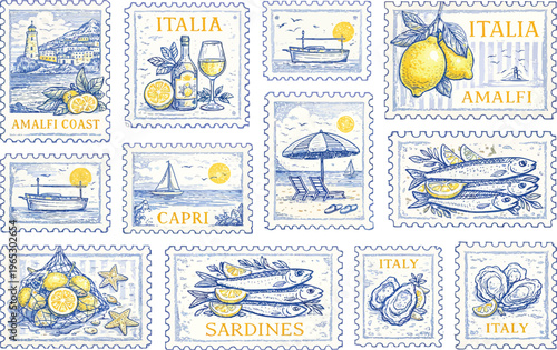 Amalfi summer stamp collection with vintage postcard borders in blue and beige. Italy frames with lemons and pizza, seashells, sailboat and coastal landscape. Retro postal Mediterranean travel design 