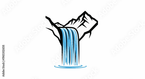 Stylized depiction of a waterfall cascading from jagged peaks into a calm pool