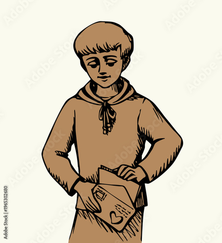 Vector drawing. A boy sends a letter in an envelope