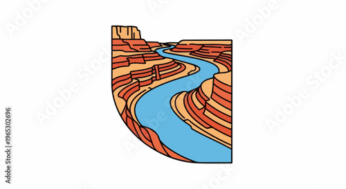 Stylized depiction of a wide river carving through layered canyon walls