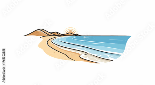 Stylized beach scene with calm ocean waves, sandy shore, and distant hills under a gentle sun