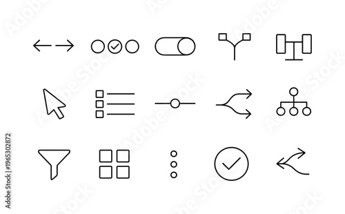 Minimal black line interface icon set featuring navigation arrows, cursor pointer, toggle switch, checkmarks, sliders, filter, and flowchart symbols