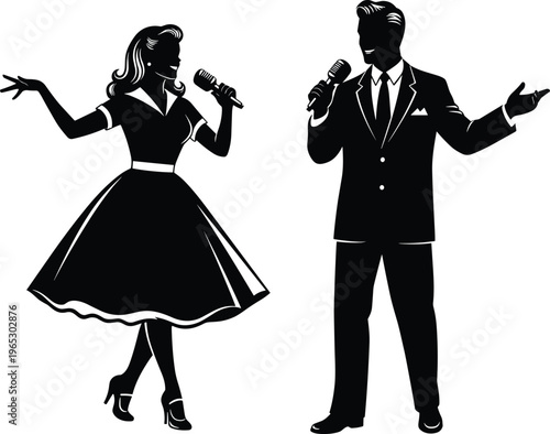 Silhouette duet performance of male singer in suit and female vocalist in vintage dress with microphone, retro stage entertainment, music concert illustration