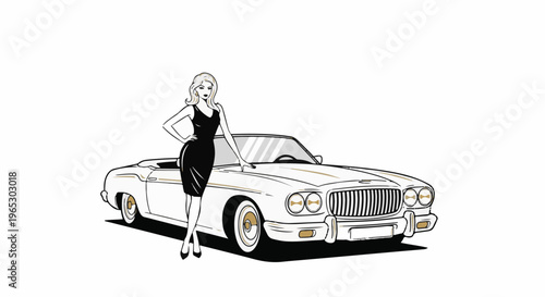 Stylish woman in black dress beside classic white convertible automobile
