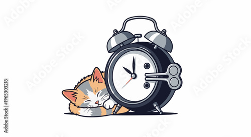 Sleepy cat cuddles with a classic alarm clock on a white background