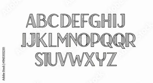 Stylized alphabet in rows, black outline, white fill, textured