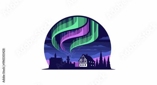 Stylized aurora borealis over a medieval town at night