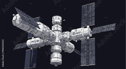Space station with solar panels in dark void