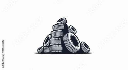 Stacked tires, a pile of car wheels in monochrome style