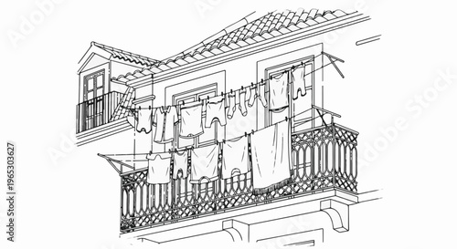 Sketch of clothes hanging on a line from a balcony on a building