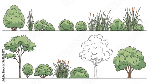 Vector illustration of various trees and plants in CAD design style landscape