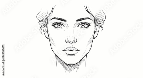 Sketch of a woman's face looking forward with expressive eyes