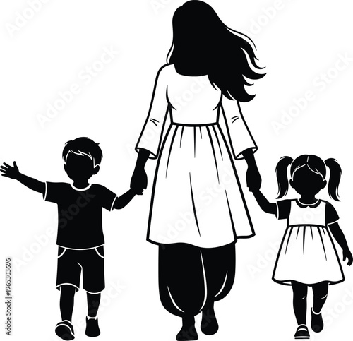 Silhouette illustration of adult walking hand in hand with two children, family bond, parental care, companionship, and childhood concept design