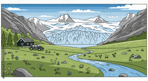 Snowy peaks overlook a glacial lake with a stream, cabin, and car