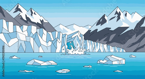 Snowy mountains overlook a calving glacier into a bright blue ocean