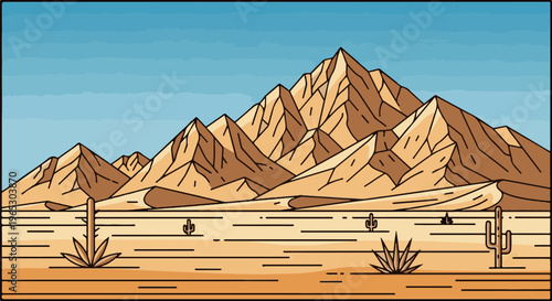 Stylized desert landscape with jagged mountains and sparse cacti under a clear blue sky
