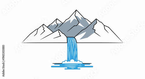 Snowy mountain peaks with a waterfall cascading into a serene blue body of water