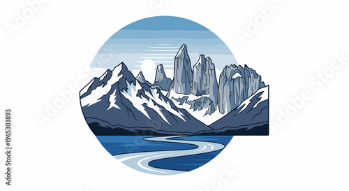 Snowy mountain peaks rise above a winding river under a pale sun