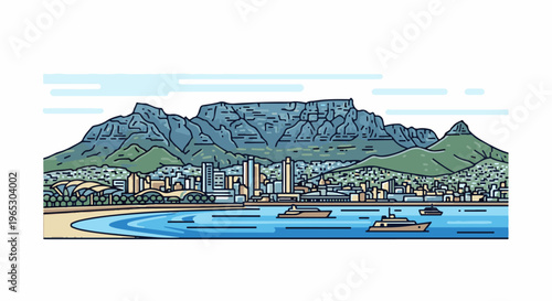 Stylized cityscape with a prominent flat-topped mountain behind buildings and a bay