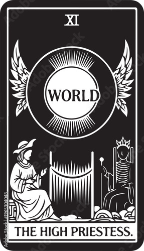 Tarot card, The High Priestess, World XI, black and white illustration, mystical, esoteric symbol