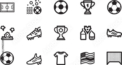 Soccer icons, football symbols, sports graphics, trophy illustrations