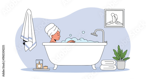 Illustration of a woman with a towel on her head relaxing in a clawfoot bathtub with soap bubbles, featuring candles, a plant, a hanging towel, and a stack of folded towels.