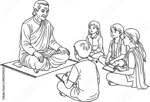 An elderly teacher sits on a mat while instructing a small group of attentive young students