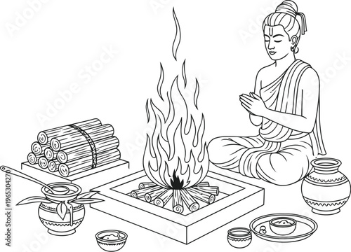 A serene line art illustration depicting a traditional vedic yajna ceremony with an indian priest