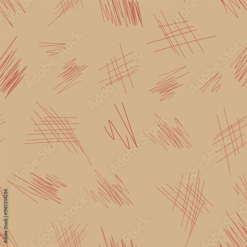 Red Pen Hatching Seamless Pattern on Beige Background, Hand Drawn Vector Scribble Texture, Organic Abstract Doodle Backdrop for Stationery and Packing