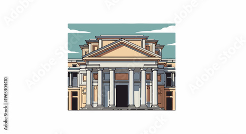Stylized classical building with columns and a triangular pediment under a sky