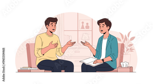 Vector illustration of a young man in a yellow sweater speaking to a male therapist in an office setting, featuring a notebook, tissue box, and shelves in the background.