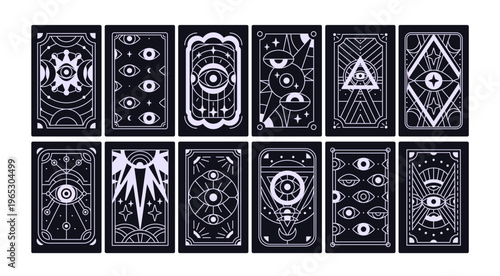 Back side of tarot cards set. Celestial cosmic occult symbols and signs, line geometric patterns, oracle eyes. Magic mystic esoteric taro posters, reverse background designs. Flat vector illustrations