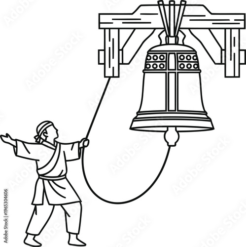 A black and white line art illustration of a person pulling a rope to ring a large hanging bell
