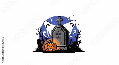 Spooky graveyard scene with grinning pumpkin, tombstones, and floating ghosts