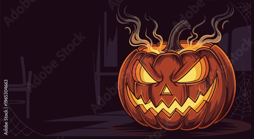Spooky carved pumpkin with fiery glow, smoke, and cobwebs in dark room