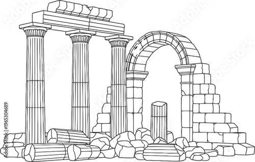 A detailed line drawing illustrating the ancient ruins of classical greek architecture columns